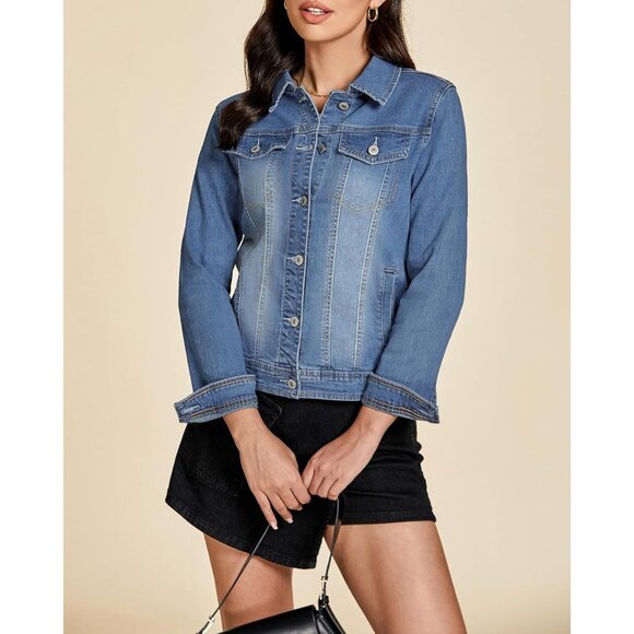 Women's Basic Long Sleeves Button Down Fitted Denim Jean Jacket Vintage Blue - Picture 9 of 9